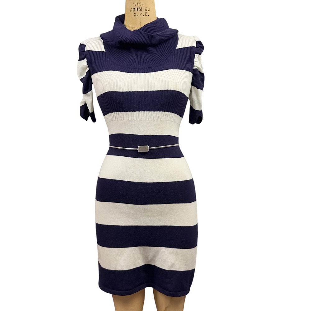 2000s Nautical Rugby Striped Sweater Dress Wide Cowl Neck Bodycon Indie Small